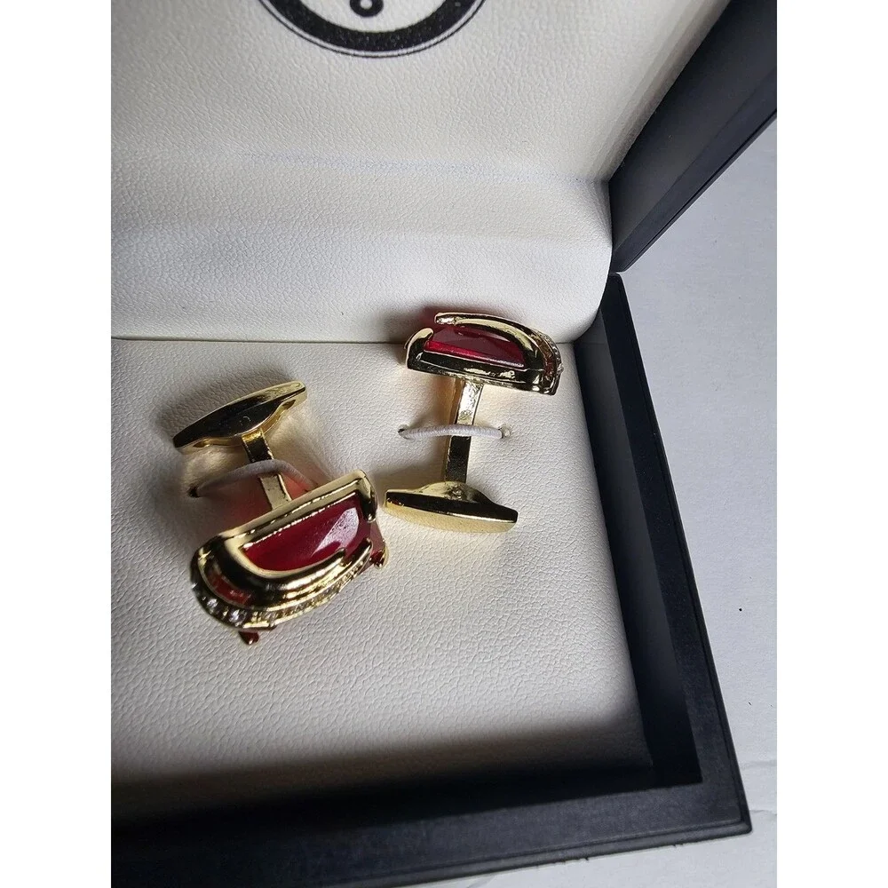 Luxury Red Crystal Rhinestone Square Gold Formal Business Shirt Buttons Cufflink